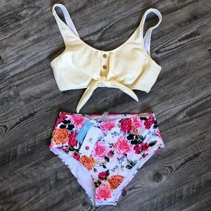 SOLID TIE-FRONT TANK W/FLORAL HIGH-WAISTED BIKINI
